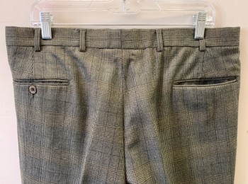 Mens, 1970s Vintage, Suit, Pants, CARROLL & CO, Beige, Black, Brown, Wool, Glen Plaid, Ins:32, W:36, Double Pleated, Zip Fly, Relax Leg, 4 Pockets, Belt Loops