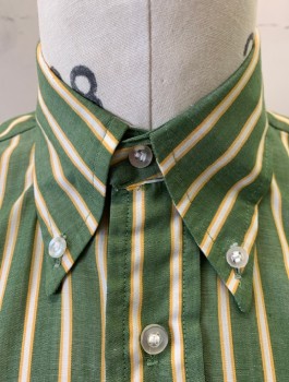 Mens, Casual Shirt, CAMPUS, Green, White, Yellow, Poly/Cotton, Stripes - Vertical , N:14.5, S, Short Sleeve Button Front, Collar Attached, Button Down Collar, 1 Patch Pocket,