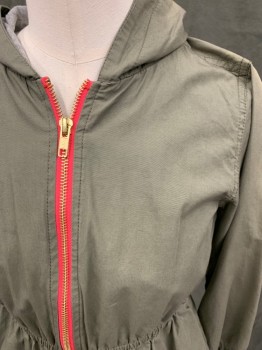 PEEK, Olive Green, Cotton, Solid, Red/Gold Zip Front, Attached Hood, Elastic Waistband/Hem/Cuff