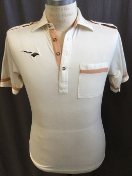 PROCELEBRITY , Lt Beige, Peach Orange, Dk Brown, Polyester, Cotton, Color Blocking, Peachy-brown 1" Strip Inside Collar Attached & 4 Button Front Placket,  1-1/2" on Shoulder with Epaulettes, and 1/2" on Short Sleeves, & on 1 Pocket