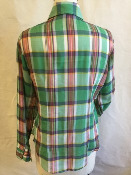 Womens, Blouse, SUNDAY TIMES, Green, Red, Blue, White, Yellow, Cotton, Plaid, Plaid-  Windowpane, B:34, Sheer, Collar Attached, Button Front, Long Sleeves, Curved Hem