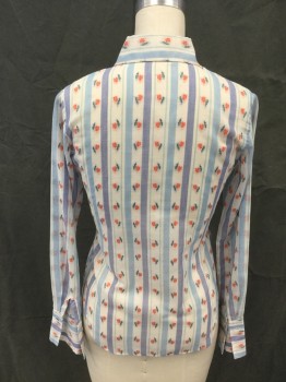 Womens, Blouse, WHO IS GORDON PETERS, White, Lt Blue, Denim Blue, Red, Green, Cotton, Stripes, Floral, S, White/Blues Vertical Stripe with Red/Green Embroidered Flowers Stripes, Button Front, Collar Attached, Long Sleeves, Button Cuff