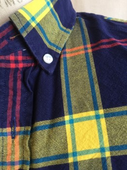 J.CREW, Navy Blue, Red, Yellow, Teal Blue, Cotton, Plaid, Plaid-  Windowpane, Collar Attached, Button Down, 1 Pocket, Long Sleeves, Curved Hem