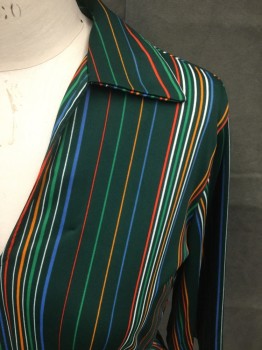 TEDDI, Dk Green, Red, White, Orange, Blue, Polyester, Stripes - Vertical , V-neck, Collar Attached, 3/4 Sleeve, Self Belt