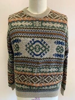 MARKS & SPENCER, Taupe, Brown, Rust Orange, Moss Green, Navy Blue, Acrylic, Polyester, Geometric, Knit, Pullover, Crew Neck, Long Sleeves,