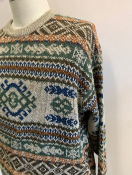 MARKS & SPENCER, Taupe, Brown, Rust Orange, Moss Green, Navy Blue, Acrylic, Polyester, Geometric, Knit, Pullover, Crew Neck, Long Sleeves,