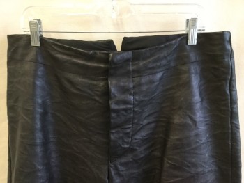 Mens, Historical Fiction Pants, FOX 1551, Black, Leather, Solid, 38, (Historical/Fantasy)  Black Aged/wrinkle Leather Breeches,  Black Lining, Flat Front, Black Button Front, Cut-out Triangle Center Waistband Back with Large Short Belt with Black Lacing, Green Stained/aged on 3 Buttons Side Cuffs Hem