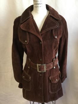 Womens, Coat, FOX 712, Brown, Rust Orange, Leather, Polyester, Solid, XS, 3/4 Length, Chocolate Brown with Beige Top Stitches, Large Notched Lapel, Yoke with Brass Snap, Single Breasted, Brass Snap Front, 2 Pockets with Flap, Long Sleeves, Matching Brass Snaps Center Back Bottom,  Belt Hoops with SELF BELT
