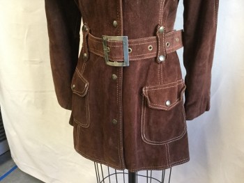 Womens, Coat, FOX 712, Brown, Rust Orange, Leather, Polyester, Solid, XS, 3/4 Length, Chocolate Brown with Beige Top Stitches, Large Notched Lapel, Yoke with Brass Snap, Single Breasted, Brass Snap Front, 2 Pockets with Flap, Long Sleeves, Matching Brass Snaps Center Back Bottom,  Belt Hoops with SELF BELT