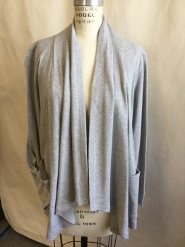Womens, Sweater, LAUREN RALPH LAUREN, Heather Gray, Cotton, Heathered, PS, Waffle Knit, Angular Draped Open Front, 2 Pockets at Bottom, Long Sleeves