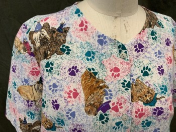 CHEROKEE, Pink, Teal Blue, Purple, Pink, Brown, Cotton, Polyester, Graphic, Dogs and Paw Print Graphic, Button Front, Slight V-neck, 2 Pockets, Short Sleeves
