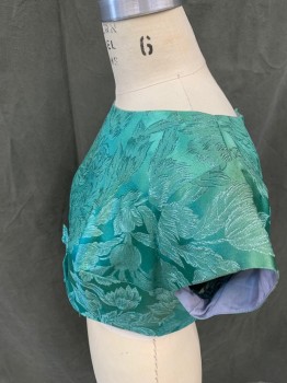 Womens, 1960s Vintage, Piece 1, N/L, Aqua Blue, Silver, Silk, Floral, W 29, B 36, H 34, Jacquard with Silver Shimmery Floral Pattern, Scoop Neck, Short Sleeves, Bow Front Zip Back *Jacket Slightly Off Color From Dress, Shoulder Burn,