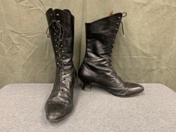 N/L, Black, Leather, Solid, Perforated Cap Toe, High Ankle Hook/Ties, Medium Low Heel,