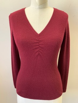 Womens, Pullover, NEIMAN MARCUS, Red Burgundy, Cashmere, Solid, S, Knit, V-neck, Ruched at Bust, Long Sleeves, Fitted