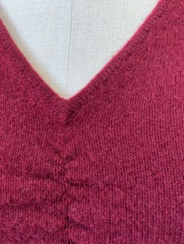 Womens, Pullover, NEIMAN MARCUS, Red Burgundy, Cashmere, Solid, S, Knit, V-neck, Ruched at Bust, Long Sleeves, Fitted