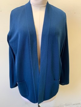 ANNE KLEIN, Dk Blue, Polyester, Viscose, Solid, Knit, Long Sleeves, Open at Center Front with No Closures, 2 Patch Pockets with 1 Button Closure