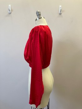SILK STUDIO, Red, Silk, Abstract , Dots, Jacquard, Pull On, Keyhole Front Neck Opening with Self Covered Button, CN, Long Dolman-like Set In Sleeves with Button At Wrist, Smocked Shoulder Seams, Elastic Waistband,