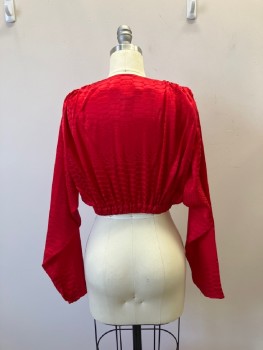 Womens, 1980s Vintage, Top, SILK STUDIO, Red, Silk, Abstract , Dots, W:26, B:32, H:36, Jacquard, Pull On, Keyhole Front Neck Opening with Self Covered Button, CN, Long Dolman-like Set In Sleeves with Button At Wrist, Smocked Shoulder Seams, Elastic Waistband,