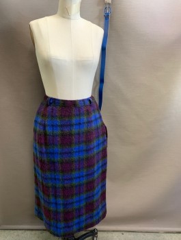 N/L, Purple, Royal Blue, Olive Green, Black, Wool, Plaid, Thick Scratchy Wool, Pencil Skirt, Knee Length, 1" Wide Self Waistband with Belt Loops, Side Zipper, **Has Matching Belt with Barcode CF013163