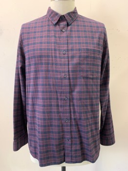 Mens, Casual Shirt, Vince, Red Burgundy, Navy Blue, Cotton, Plaid, XXL, L/S, Button Front, Collar Attached, Chest Pocket