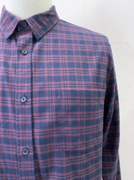 Mens, Casual Shirt, Vince, Red Burgundy, Navy Blue, Cotton, Plaid, XXL, L/S, Button Front, Collar Attached, Chest Pocket