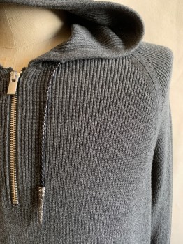 Mens, Pullover Sweater, THE KOOPLES, Gray, Cotton, Solid, M, Zip Front, V-N, Hoodie Attached, 1 Pocket, Drawstring at Hood
