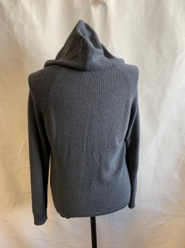 Mens, Pullover Sweater, THE KOOPLES, Gray, Cotton, Solid, M, Zip Front, V-N, Hoodie Attached, 1 Pocket, Drawstring at Hood