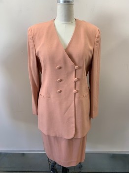 JONES NEW YORK, Peachy Pink, Wool, Solid, Double Breasted, 3 Bttns, No Lapel And Collar, 2 Pckts, Self Buttons