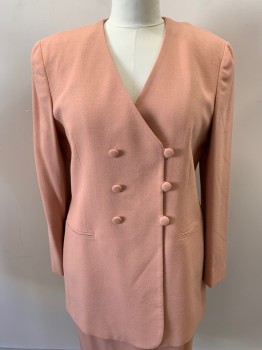 JONES NEW YORK, Peachy Pink, Wool, Solid, Double Breasted, 3 Bttns, No Lapel And Collar, 2 Pckts, Self Buttons