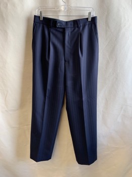 Mens, 1980s Vintage, Suit, Pants, DENNIS KIM MTO, Navy Blue, Wool, Herringbone, 31/30, 1980s Repro, Side Pockets, Zip Front, Pleated Front, 2 Back Pockets
