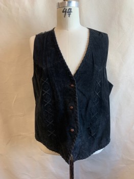 Mens, Leather Vest, C. GINNY, Black, Suede, Solid, XL, V-N, Button Front, 2 Pockets, Belted Back, Leather Lacing *Aged/Distressed*