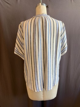 Womens, Top, A NEW DAY, White, Blue, Black, Cotton, Stripes - Vertical , S, Band Collar, V-N, S/S, Cuffed