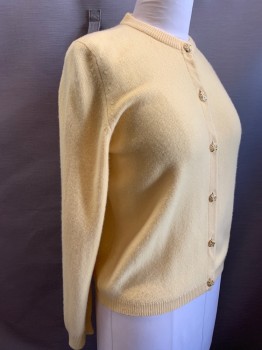 Womens, Sweater, BALLANTYNE, Yellow, Cashmere, Solid, B 40, Long Sleeves, Cardigan, Fancy Gold Buttons, Crew Neck, Early 1980's