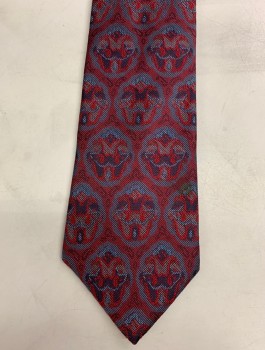 Mens, Tie, BOBBY YOSTEN, Red Burgundy, Gray, Navy Blue, Silk, Abstract , Four in Hand, 3" Wide at Base