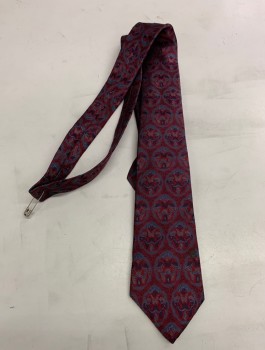 Mens, Tie, BOBBY YOSTEN, Red Burgundy, Gray, Navy Blue, Silk, Abstract , Four in Hand, 3" Wide at Base