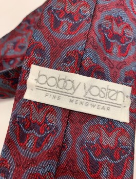 BOBBY YOSTEN, Red Burgundy, Gray, Navy Blue, Silk, Abstract , Four in Hand, 3" Wide at Base