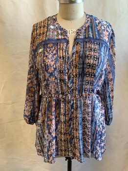 Womens, Top, AMERICAN RAG, Blue, Peach Orange, Lt Brown, Cream, Polyester, Stripes, Abstract , 3X, Pin Tuck Pleat Bib, Drawstring Waist, Button/Loop Front with V-neck, Band Collar, Blue See Through Ribbon Panel at Yoke and Down Sleeves, 3/4 Sleeve, Elastic Cuff