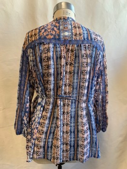 Womens, Top, AMERICAN RAG, Blue, Peach Orange, Lt Brown, Cream, Polyester, Stripes, Abstract , 3X, Pin Tuck Pleat Bib, Drawstring Waist, Button/Loop Front with V-neck, Band Collar, Blue See Through Ribbon Panel at Yoke and Down Sleeves, 3/4 Sleeve, Elastic Cuff
