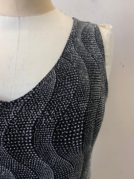Womens, Evening Tops, ONYX NITE, Black, Silver, Acetate, Spandex, B<36", M, Stretch Jersey, Silver Glitter and White Dots in Wavy Stripes,  V-N, Slvls