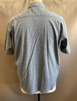 Mens, Casual Shirt, WRANGLER, Denim Blue, White, Cotton, Spandex, 2 Color Weave, 2XL, Chambray, Short Sleeves, Button Front, 2 Patch Pockets with Flaps. **Has Shoulder Burn/Fading