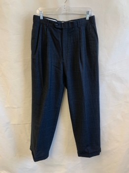 AUSTIN REED , Dk Gray, Black, Blue, Wool, Plaid, Side Pockets, Zip Front, Pleated Front, Cuffed, 2 Welt Pockets