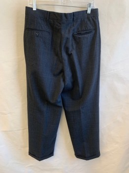 AUSTIN REED , Dk Gray, Black, Blue, Wool, Plaid, Side Pockets, Zip Front, Pleated Front, Cuffed, 2 Welt Pockets