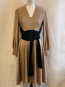 ALFRED WERBER, Tan Brown, Black, Synthetic, Color Blocking, V-N, L/S, Attached Half Tie Belt, Back Zip, Self Covered Buttons On Sleeves