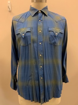 Mens, Western Shirt, FENTON, Blue, Sea Foam Green, Polyester, Cotton, Plaid, XL, L/S, Snap Button Front, Collar Attached, Chest Pocket,