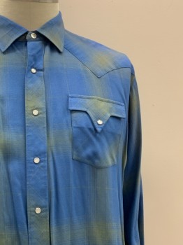 Mens, Western Shirt, FENTON, Blue, Sea Foam Green, Polyester, Cotton, Plaid, XL, L/S, Snap Button Front, Collar Attached, Chest Pocket,