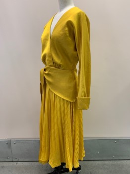 HARLYN, Goldenrod Yellow, Polyester, Solid, Stripes, L/S, V Neck, Crossover, Side Bow, Pleated Skirt, Back Zipper,