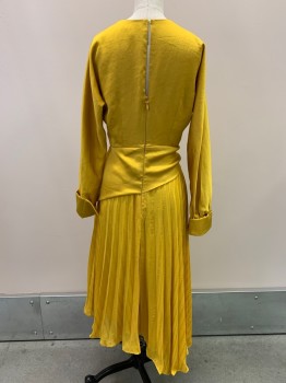 Womens, Evening Gown, HARLYN, Goldenrod Yellow, Polyester, Solid, Stripes, XS, L/S, V Neck, Crossover, Side Bow, Pleated Skirt, Back Zipper,