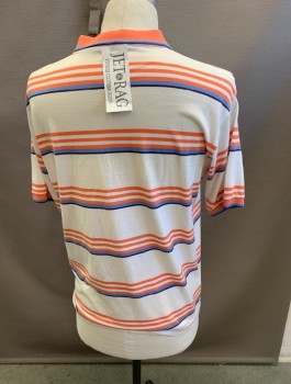 Mens, Polo Shirt, PAR FOUR, Dusty White, Coral Orange, Navy Blue, Cornflower Blue, Cotton, Polyester, Stripes, L, 3 Buttons,  S/S, 1 Pocket,
