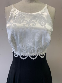 Jessica Mc Clintock, Black, White, Rayon, Acetate, Floral, Halter Top, Embroiderred Hoops on Waist, Back Zipper, Floral Print Top with Solid Bottom