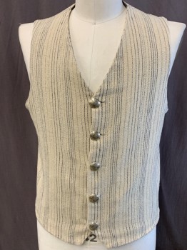Mens, Vest, PERRY ELLIS, Oatmeal Brown, Gray, Silk, Linen, Stripes - Vertical , M, Silver Embossed Buttons